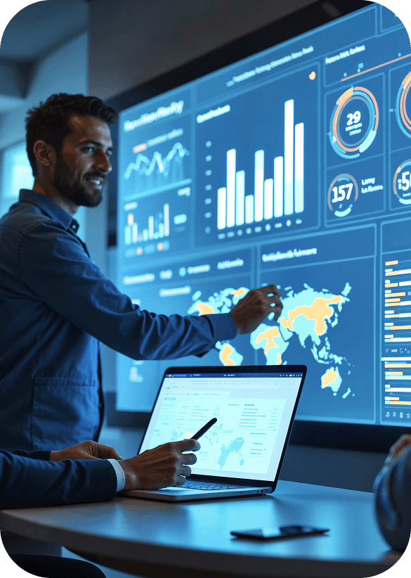 Consultant reviewing Zoho analytics dashboard
